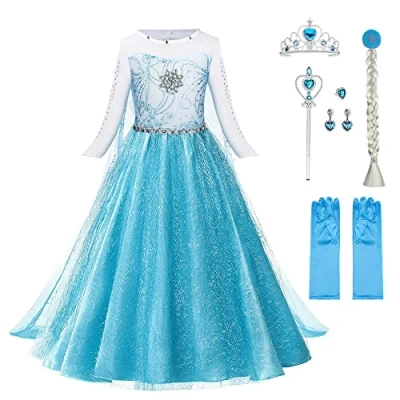 Imagen de URAQT Disfraz Princesa, Niña con Corona y Varita, Vestido Princesa Capa de Copos Nieve Brillantes, para Halloween Cosplay Cumpleaños Carnaval, 100cm