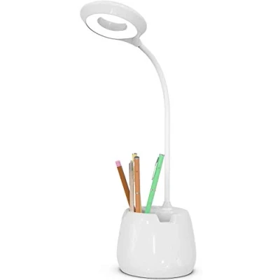 Imagen de Gshy Lámpara de escritorio LED mesa regulable con portalápices Control tactil USB recargable Cuello cisne flexible 3 niveles brillo