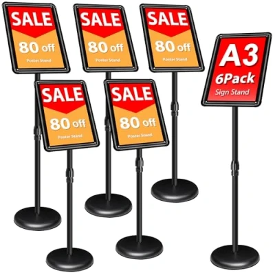 Imagen de VAIIGO Paquete de 6 soportes para pósteres, tamaño A3, ajustable, soporte aluminio carteles, publicidad, aviso, señalización, menú, color negro