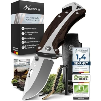 Imagen de BERGKVIST® K29 Cuchillo plegable Navaja de bolsillo 3 en 1 con rompecristales y cortacinturones para exteriores supervivencia Ganadora del premio Bronze A&#039; Design Award 2021 Mango ébano