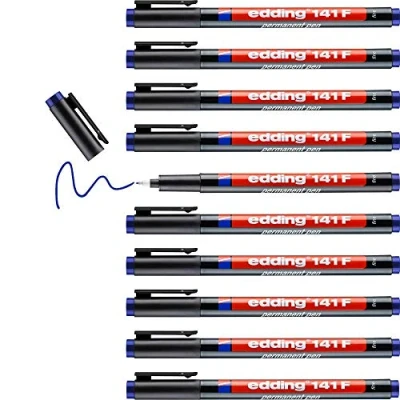 Imagen de edding 141 F rotulador permanente 10 rotuladores azul punta redonda de 0,6 mm bolígrafo para escribir sobre cristal, plástico, láminas y superficies lisas secado rápido, no mancha,impermeable