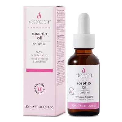 Imagen de Derora Aceite de Rosa Mosqueta Nutre Piel, Cabello y Uñas Antienvejecimiento 100% Puro Natural Prensado en Frío Sin Refinar, Rico Antioxidantes Vitamina A, C E 30 ml (Paquete 1)