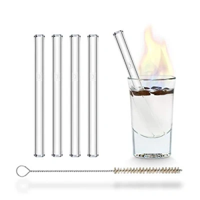 Imagen de HALM Pajitas de Vidrio Reutilizables 4 Unidades cortas rectas 10 cm + cepillo limpieza sin plástico Apto para lavavajillas Sorbetes Cristal Vasos Shot