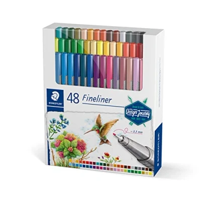 Imagen de Staedtler Fineliner Triplus Design Journey Rotulador triangular ergonómico (punta de 0,3 mm, punta metal larga duración, 48 rotuladores en colores surtidos estuche cartón, 334 C48 C