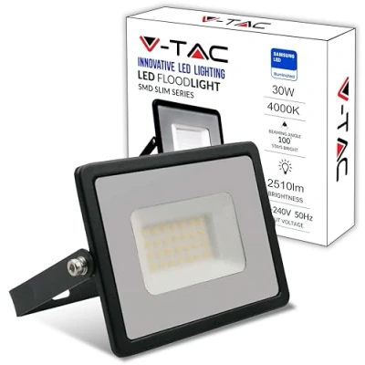 Imagen de V TAC Foco LED Exterior 30W [Altas Prestaciones] 2510 Lumen IP65 Proyector en Aluminio para Hogar, Jardín, Patio, Parque Garaje Resistente Agua Faros Luz Blanco Neutro 4000K