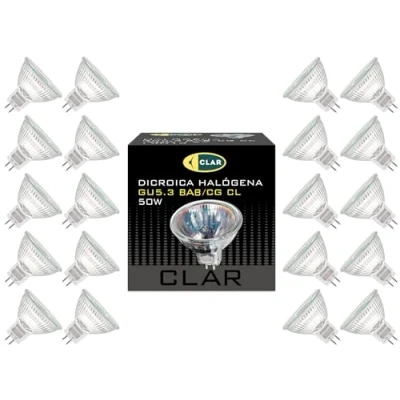 Imagen de CLAR Bombilla Halogena, Bombillas Halogenas, Focos Halógenos, 12V, 12 Voltios, GU5.3 MR16 50W (Pack 20)
