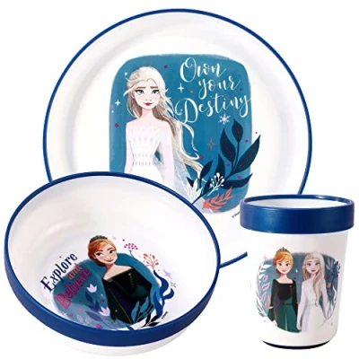 Imagen de Frozen Juego de vajilla bicolor reutilizable para niños, 3 piezas, plato, cuenco y vaso, sin BPA