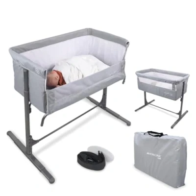 Imagen de Mobiclinic® Kids, Cuna Colecho, Bebé, 2 en 1, Moon, Correas de fijación a la Cama, Regulable 5 Alturas, Bolsa Transporte, Incluye Ruedas, Malla Transpirable, Ángulo Regulable, Base Acolchada