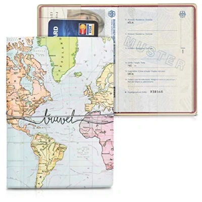 Imagen de kwmobile Set de 1x Fundas Protectoras Plástico para Pasaporte Protectores con diseño 3D Mapa Mundial Espacio Tarjetas, Negro / Multicolor