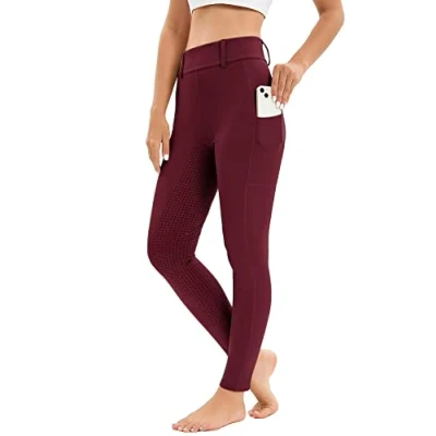 Imagen de Leggings de equitación para mujer, ribete completo con bolsillo el teléfono móvil, cintura alta, pantalones mujer y niña, elásticos, trabillas, rojo, XL