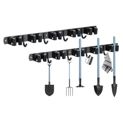 Imagen de YOCOLE Colgador Escobas y Fregonas 2 Piezas, Soporte Pared Acero Inoxidable con Ganchos, Autoadhesivo o Perforado (Tornillos Incluidos) para Cocina, Baño, Garaje Jardín, Color Negro