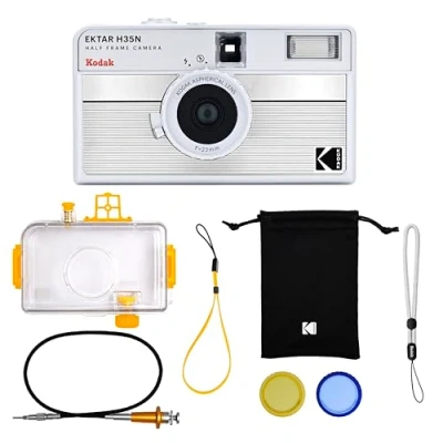 Imagen de Kodak EKTAR H35N Kit Premium de cámara película Medio fotograma,Reutilizable 35mm,Estuche Impermeable,liberación Cable,filtros Color,Flash(película y batería AAA no Incluidas)(Plata)