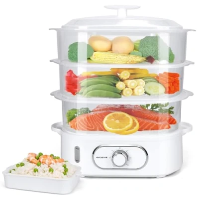 Imagen de Aigostar Vaporera Eléctrica 12L, con 3 Recipientes Apilables, Soporte Para Cocinar Huevos, Temporizador 60 Minutos, Recipiente arroz, Sin BPA, 900 W