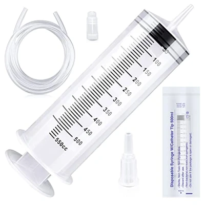 Imagen de 150/250/350/550 ml Jeringa de Plástico Grande, Jeringuilla con Manguera, Reutilizables, Embalaje Independiente para Laboratorio, Medición, Alimentación Mascotas, etc. (550ml)