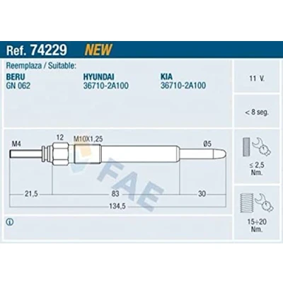 Imagen de FAE 74229 Bujía de precalentamiento 11V M 10x1,25 HYUNDAI: Getz, ACCENT 3 Stufenheck