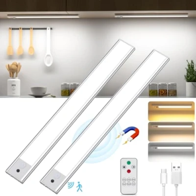 Imagen de TOPPLEE Luz de Armario, 2 Piezas Nocturna con Control Remoto, 3000K 6500K Regulable Lampara LED Sensor Movimiento, USB Recargable Armario para Gabinete, Cocina, Escalera (2 41CM)
