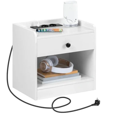 Imagen de HOOBRO Mesita de Noche con Estación Carga, Mesa Auxiliar Cajón y Compartimento Abierto, Puerto USB Enchufe, Estante Almacenamiento para Dormitorio, Salón, Blanco EWT282BZ01