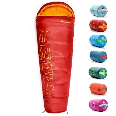 Imagen de meteor Saco Dormir Tipo Momia con Capucha para Niños en Viaje Camping Funda vivac Festival Hotel Portátil de Compresion YMER ((130 + 25) x 60/40 cm, Rojo/Naranja)