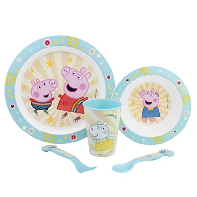 Imagen de Set vajilla infantil reutilizable apta para microondas compuesta por vaso, plato, cuenco y cubiertos de Peppa Pig