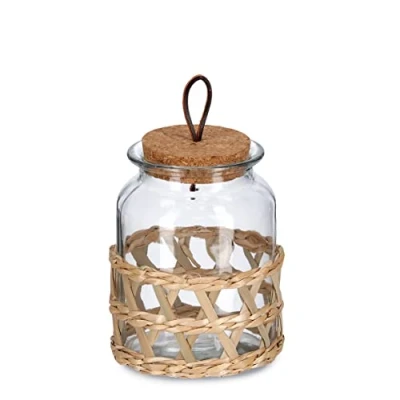 Imagen de Zeller 19583 Boho Tarro de cristal con tapa corcho, 1000 ml, diámetro aprox. 12 x 15,5 cm, decoración mesa malla paja estilo Markramee, almacenamiento nueces, galletas…
