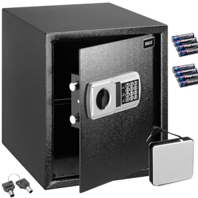 Imagen de BAKAJI caja fuerte electrónica de seguridad con batería externa, valores y documentos antirrobo para casa, hotel, armario pared o independiente, 40 x 35 cm (negro)