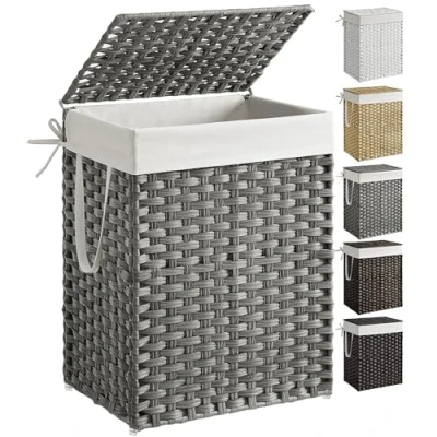 Imagen de SONGMICS Cesto de Ropa Sucia, Cesta Ratán Sintético 90 L con Tapa y Asas, Mimbre, Plegable, Forros Extraíbles, para Mantas, Ropa, Dormitorio, Baño, Lavandería, Blanco Nube LCB51WT