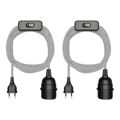 Imagen de ledscom.de 2 piezas cable textil LEKA, enchufe, interruptor, negro, blanco, dentado, 3 m, portalámparas, 1x E27 máx. 60W
