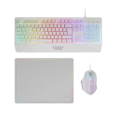 Imagen de MARSGAMING MCP124, Combo Gaming 3en1, Teclado Ergonómico H Mech LED RGB, Ratón RGB 3200DPI Switches HUANO, Alfombrilla Nanotextil 360x260mm, Compatibilidad Multiplataforma, Layout Español, Blanco