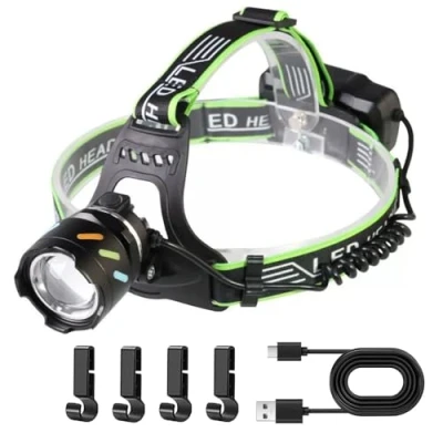 Imagen de SENDALE lámpara frontal LED recargable USB C con sensor de movimiento, 50000 lúmenes, 30 W, cabeza fluorescente, recargable, 5 modos, zoom, IP65, resistente al agua, para camping,