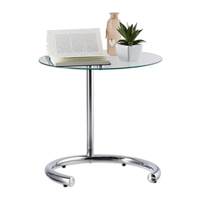 Imagen de Relaxdays Mesa Auxiliar de Altura Regulable hasta 70 cm, Mesita Café, Acero Cromado Cristal, Superficie 46 Plateado, x cm