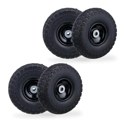 Imagen de Relaxdays 4 Ruedas de Carro Antipinchazos, Macizas, 4.10/3.50 4&quot;, Llantas Acero, 150 kg, 260x85mm, Negro