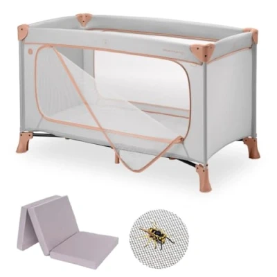 Imagen de hauck Set de Cuna Viaje Bebe Dream n Play Plus con Colchón y Mosquitera, Parque Infantil Desde el Nacimiento, Cama Bolsa, 120x60 cm Dusty Cork