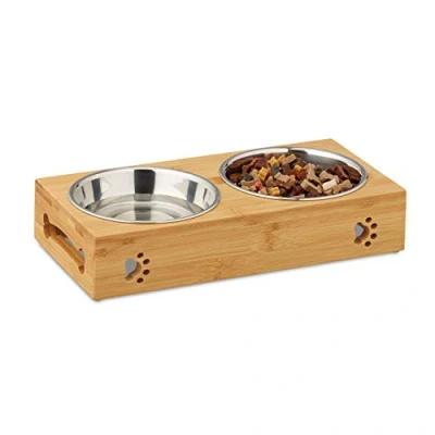 Imagen de Relaxdays Comedero Perro, Soporte con 2 Cuencos, 300 ml, Acero Inoxidable Bambú, 1 Ud., 6,5x31,5x15 cm, Plateado Marrón
