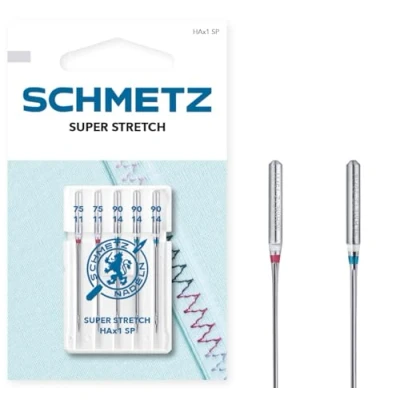 Imagen de SCHMETZ Agujas para máquinas de coser 5 Super Stretch HAx1 SP Grosor aguja 75/11 (2x) y 90/14 (3x) trabajos costura con materiales elásticos hilo grueso