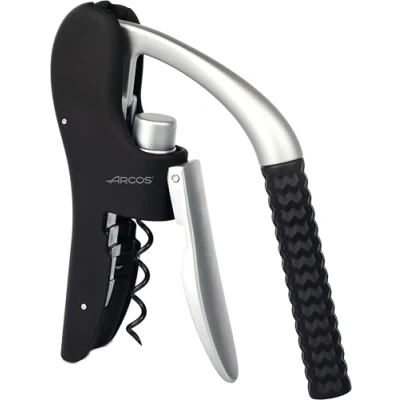 Imagen de ARCOS Sacacorchos Manual de ABS, Aleación Zinc y Elastómero. Accesorio para Abrir Vino con Cortacápsulas. Abrebotellas Mano Moderno Ligero. Color Plata Negro