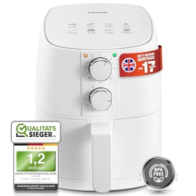 Imagen de Linsar Freidora de aire caliente 4L Airfryer con temporizador y función mantenimiento del calor Temperatura seleccionable más ahorro energía rápida que los hornos 1400 W (blanco)
