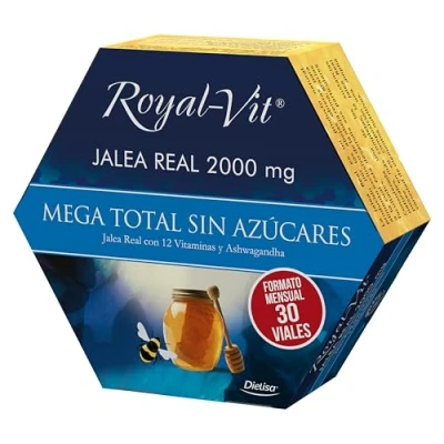 Imagen de Dielisa, Royal Vit, Jalea Real 2000mg Mega Total sin Azúcares, con de Real, Ashwagandha y Vitaminas que ayudan a mantener los niveles energía, Formato mensual 30 viales