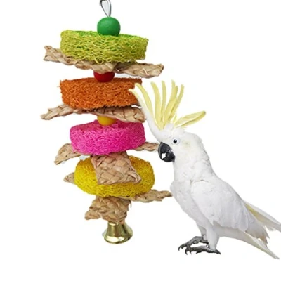 Imagen de Juguete de lufa natural y paja trenzada para loro, guacamayo, gris africano, periquitos, cacatúa