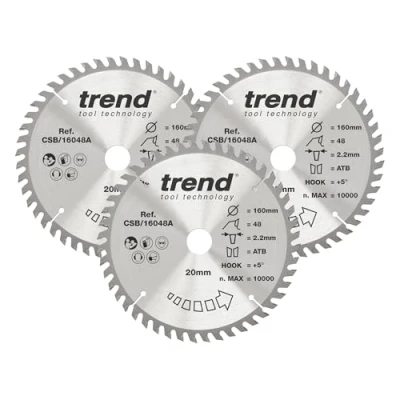 Imagen de Trend CraftPro paquete triple de hojas sierra circular TCT, 160 mm diámetro x 48 dientes 20 interior, punta carburo tungsteno, CSB/160/3PK, 3