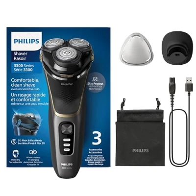 Imagen de Philips Serie 3000 Afeitadora Eléctrica Hombre, Máquina de Afeitar Barba con Cortapatillas, 27 cuchillas, Cuida la piel, 60min uso, En Seco y Húmedo, Recargable, Funda, Base Carga, S3342/13, Negro