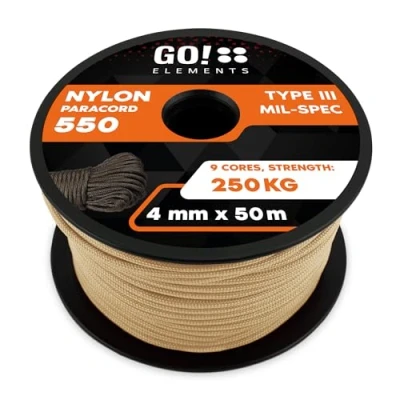 Imagen de GO!elements 50m Paracord de Nylon a Prueba desgarros 4mm 550 Typo III Cuerda Adecuado como Yute &amp; Gruesa MAX. 250kg, Color: Arena