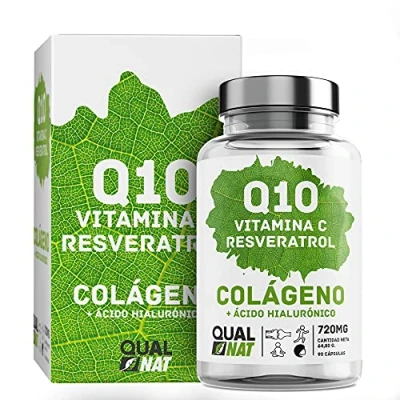 Imagen de Colageno q10, Coenzima Q10 con Resveratrol y Vitamina C Suplemento contra el Envejecimiento Formato de 90 Cápsulas Ácido Hialurónico Fortalece Piel, Huesos Articulaciones QUALNAT