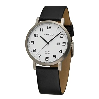 Imagen de ATRIUM Reloj de pulsera para hombre titanio, analógico, cuarzo, con indicador fecha y correa piel, color negro, A40 10