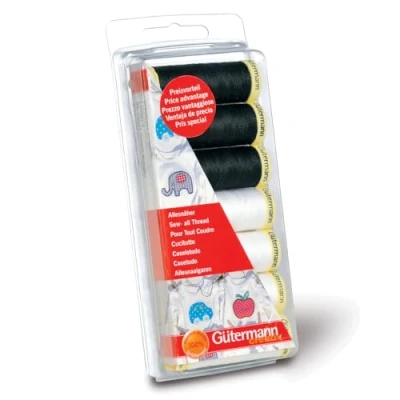 Imagen de Gutermann Sew All Juego de hilos costura (7 bobinas 100 m, % poliéster), color negro y blanco