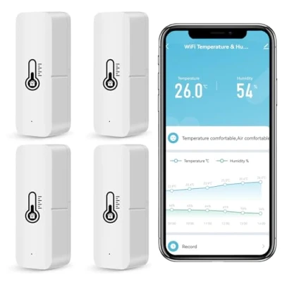 Imagen de termómetro higrómetro inteligente WiFi, sensor de temperatura y humedad Bluetooth para interiores exteriores, aplicación WiFi Alexa remoto el hogar. 4 paquete.