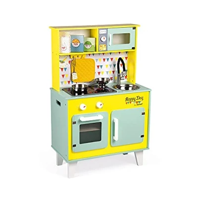Imagen de Janod Gran Cocina Infantil de Madera Happy Day Equipada con Nevera y Microondas, Sonido Luz Imitación Desarrollo 7 Accesorios Incluidos Desde 3 años, J06564, Azul Amarillo