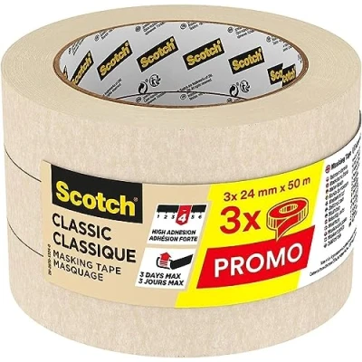 Imagen de Scotch Cinta de Enmascarar Clásica, Beige 24 mm x 50 m, Paquete 3 Rollos Adhesiva para Pintores, Pintar y Decorar