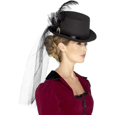 Imagen de Smiffys Sombrero de copa victoriano para mujeres deluxe, Negro, con borde interior elástico, plumas, velo y broche