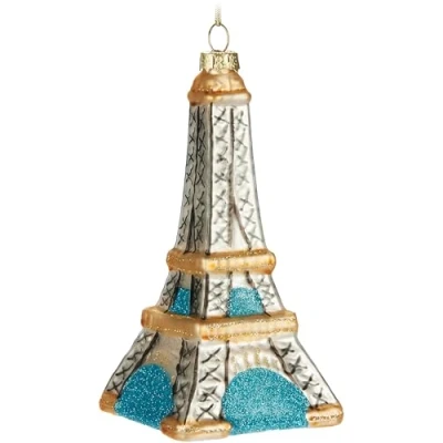 Imagen de BRUBAKER Torre Eiffel bola de Navidad cristal pintada a mano 14 cm árbol París Decoración Blanco, Oro y Azul para soplada Figura divertida colgante