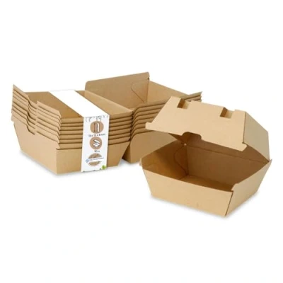 Imagen de GREENBOX caja de hamburguesas Take Away 50 unidades, robustas cajas para con tapa elevada, cartón kraft, embalaje estable hamburguesas, 13 x 14 8 cm, biodegradable
